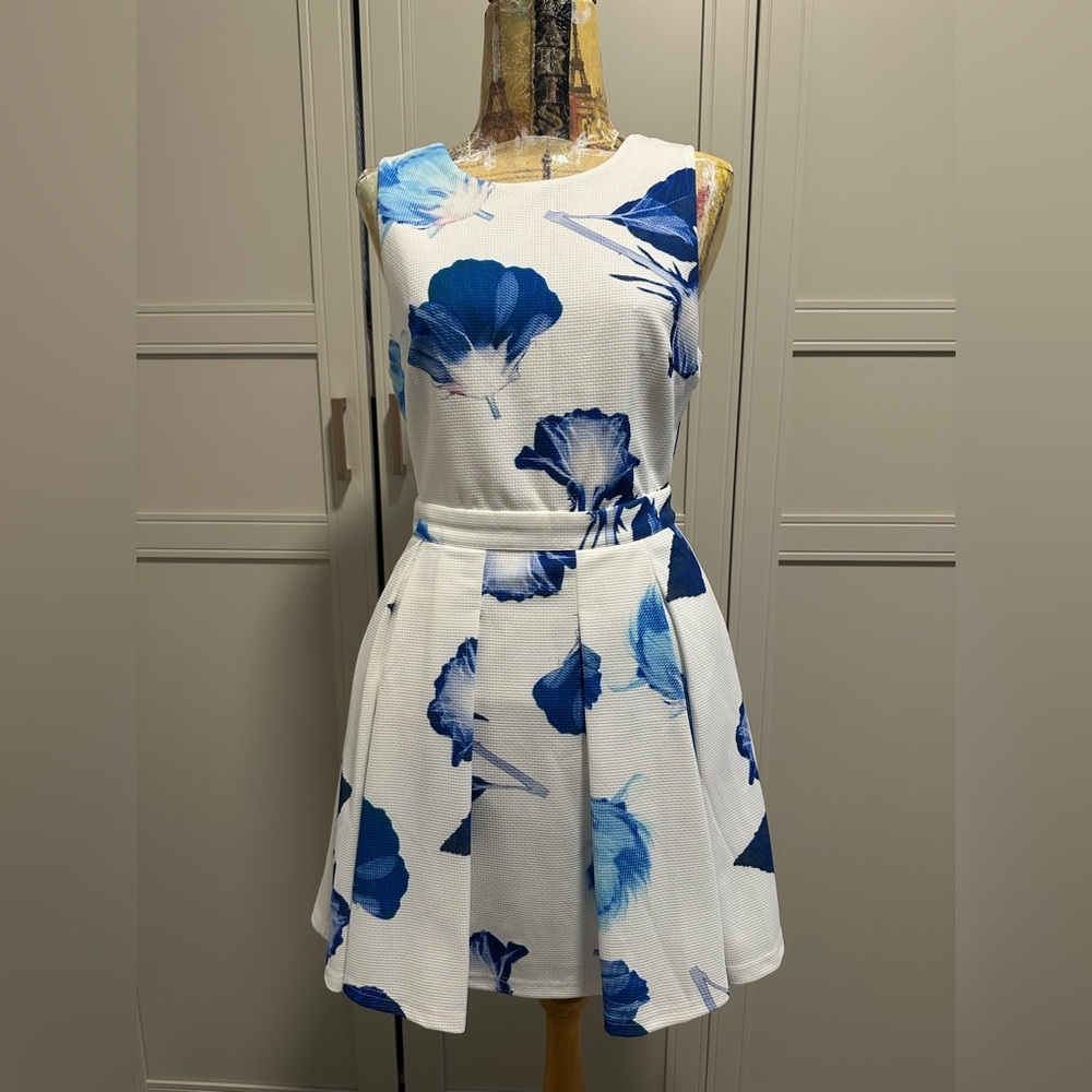 Lulus Day and Foliage Blue and Ivory Floral Print Dress M